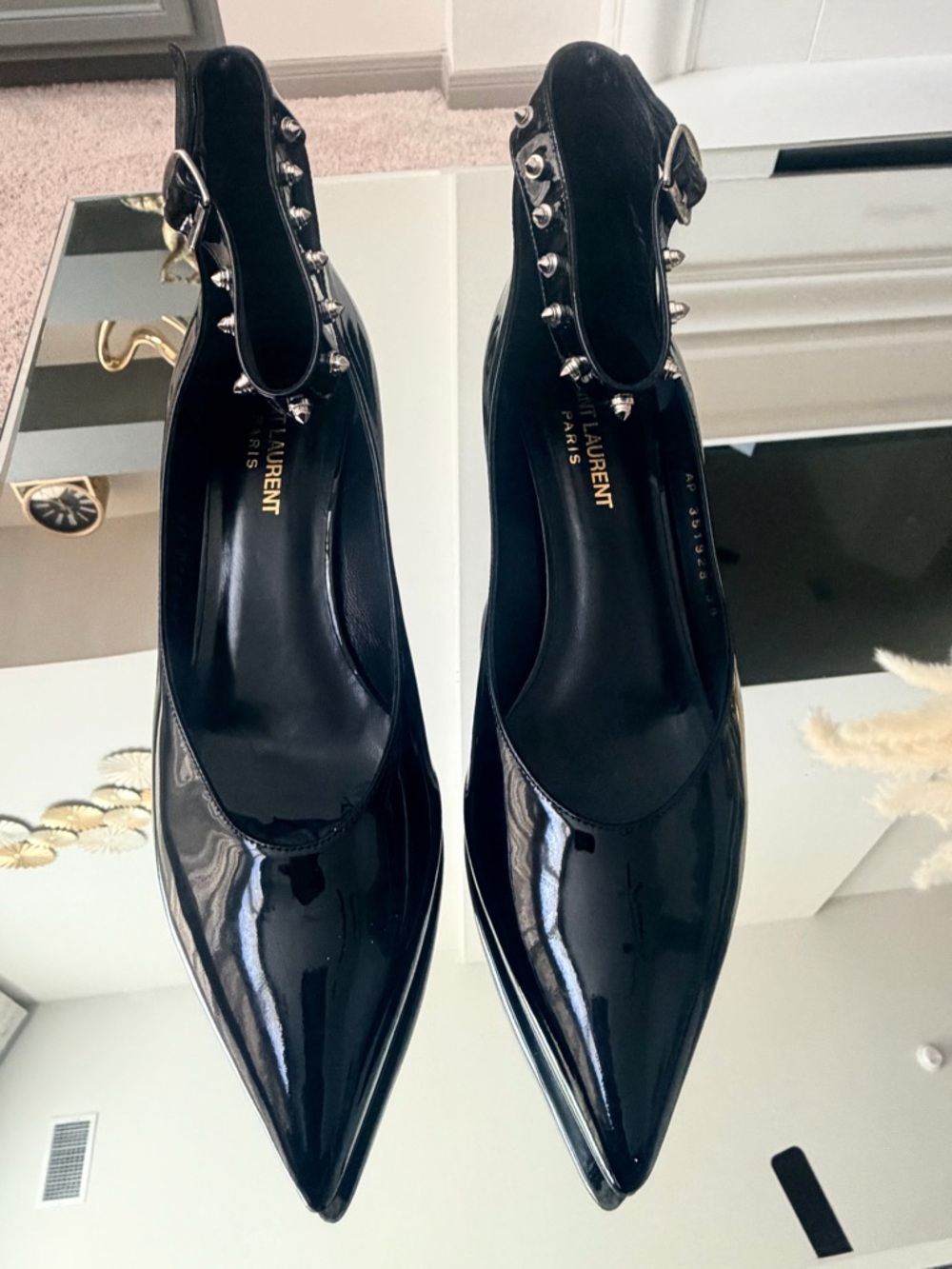 Saint Laurent Black Patent Leather Pointed Slingbacks with Silver Studs